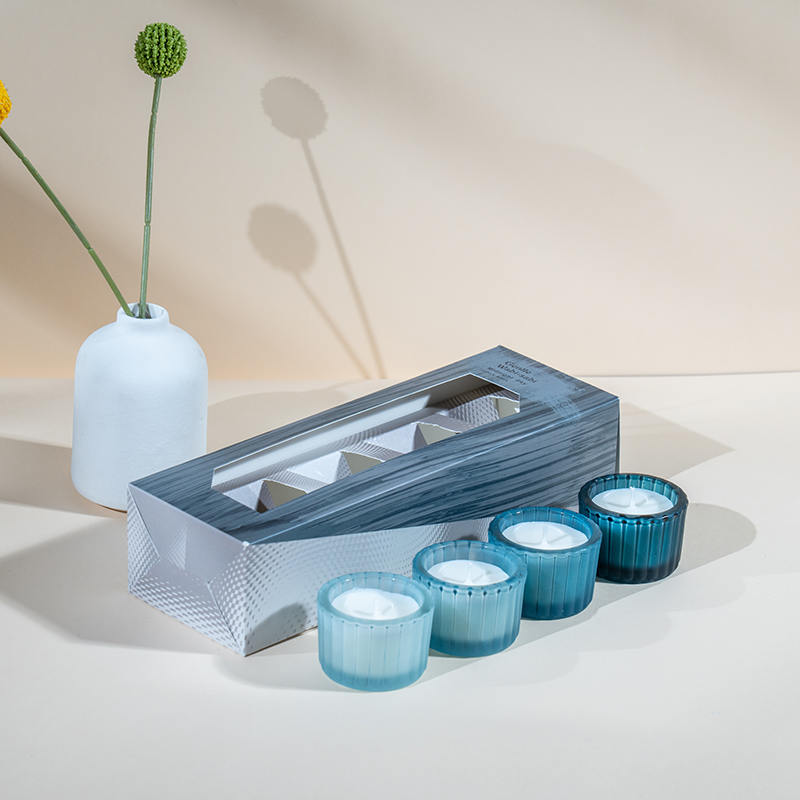 Conjunto de 4 copos para velas de vidro anões pequenos listrados verticais